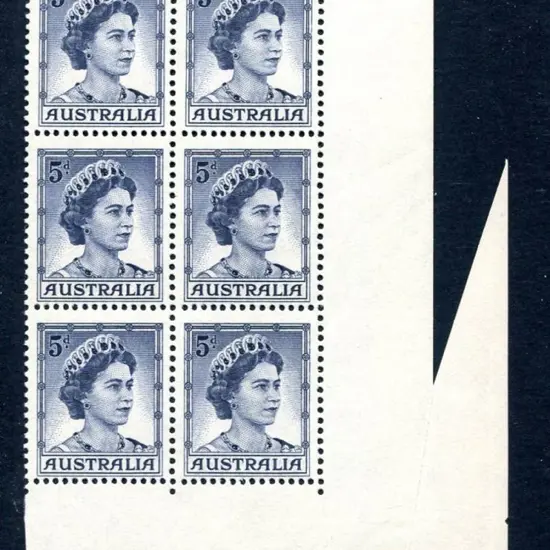 1959 5d blue QEII lower right selvedge block of 6 ...