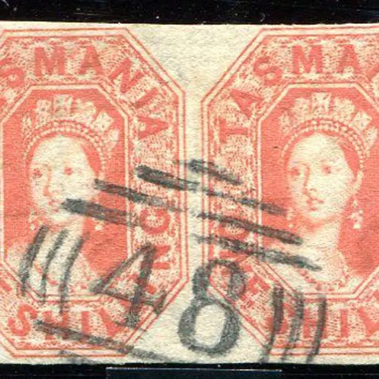 1858 1/- vermilion imperf horiz pair. Superb fine ...