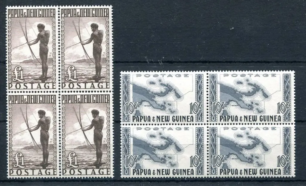 1952 10/- Map & £1 Fisherman in MUH blocks of 4. ... Image 1++