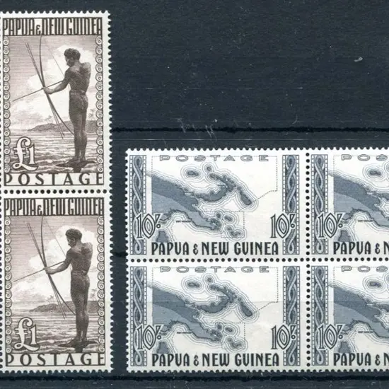 1952 10/- Map & £1 Fisherman in MUH blocks of 4. ...