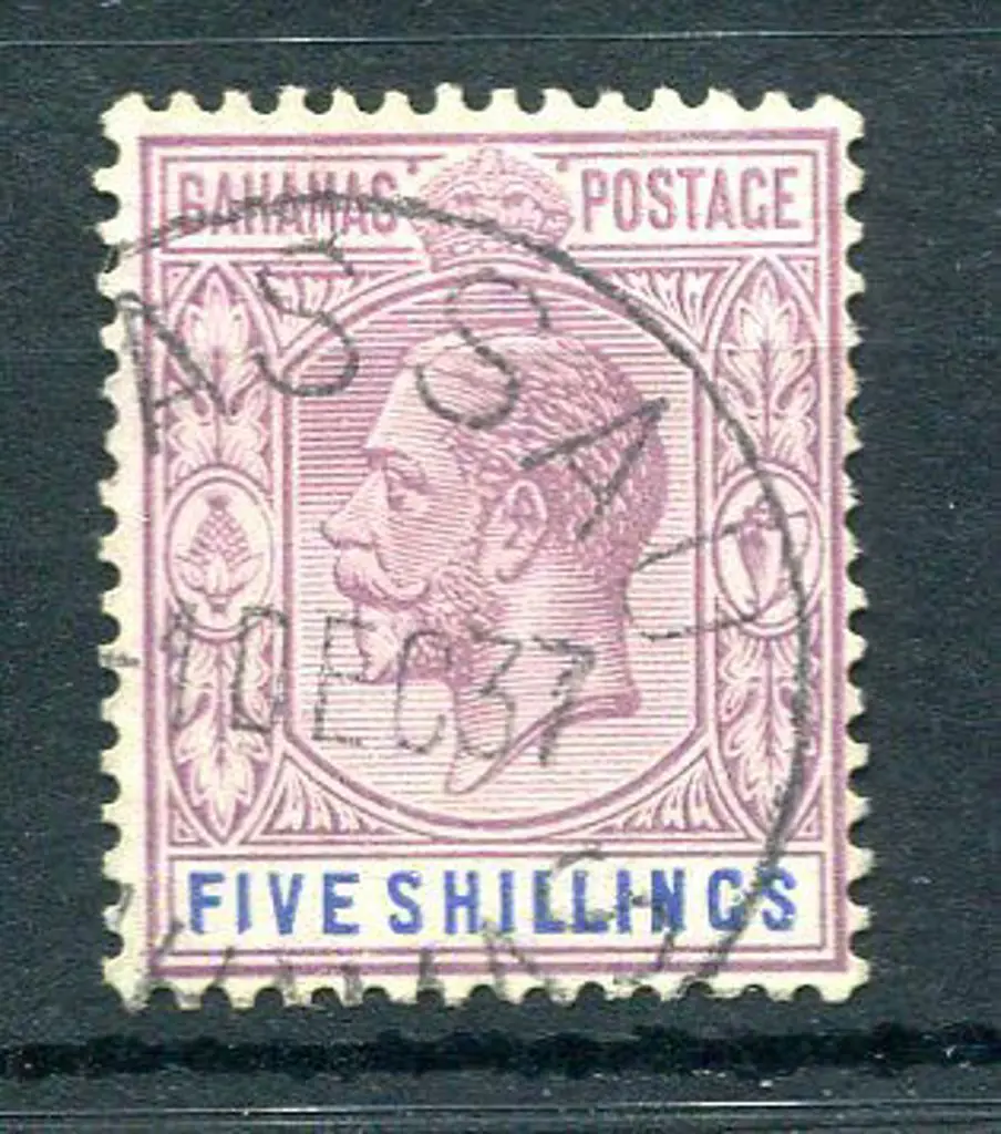 Bahamas 1921/37 5/- KGV. Fine used with 1 Dec 37 ... Image 1++