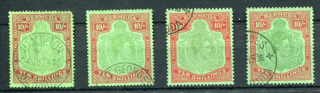 Bermuda 1938/53 KGVI 10/- green & deep lake on ... Image 1++