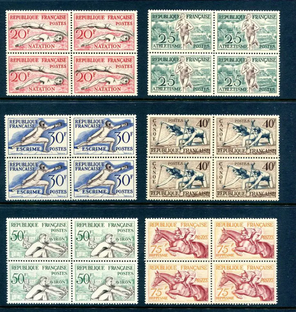 France 1953 20f to 75f Sport. Fresh MUH blocks of ... Image 1++
