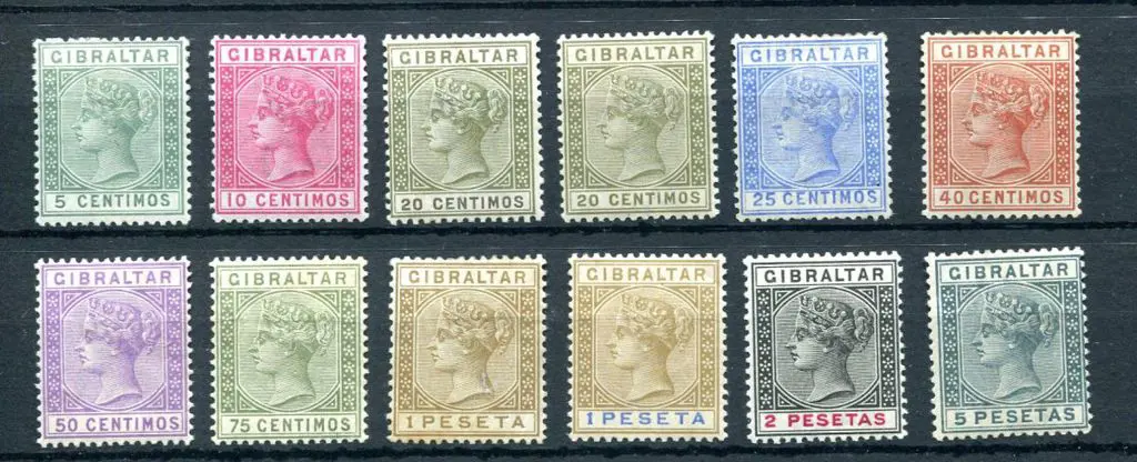 Gibraltar 1889/76 5c to 5p QV set of 12 in Spanish ... Image 1++