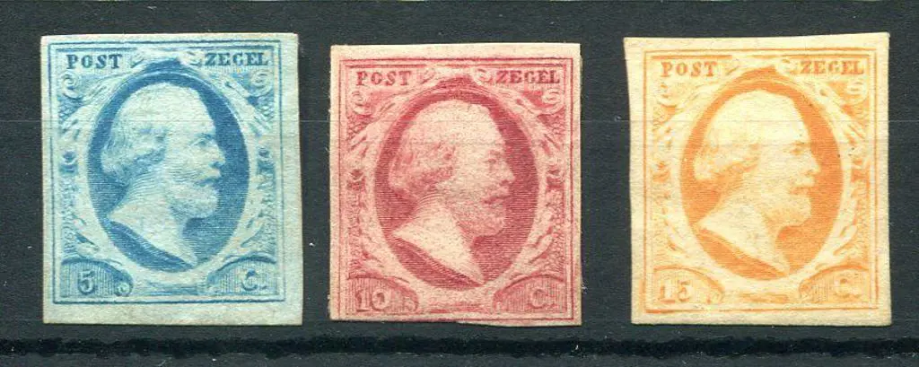 Netherlands 1852 5¢, 10¢ & 15¢ imperf defins ... Image 1++