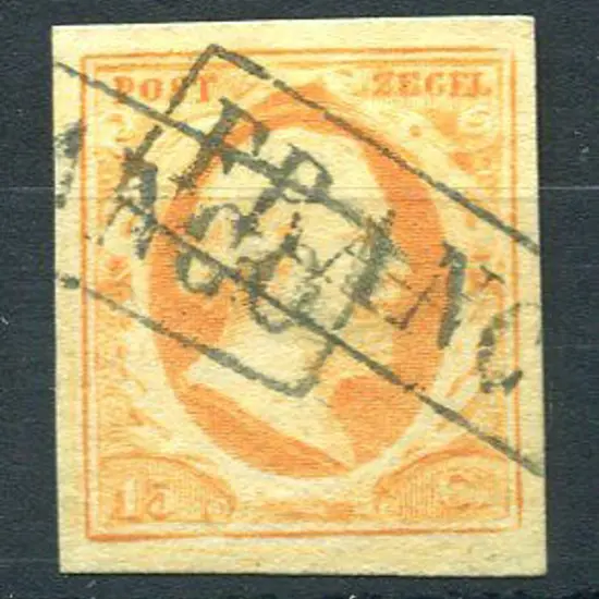 Netherlands 1852 15¢ deep orange yellow with 4 ...