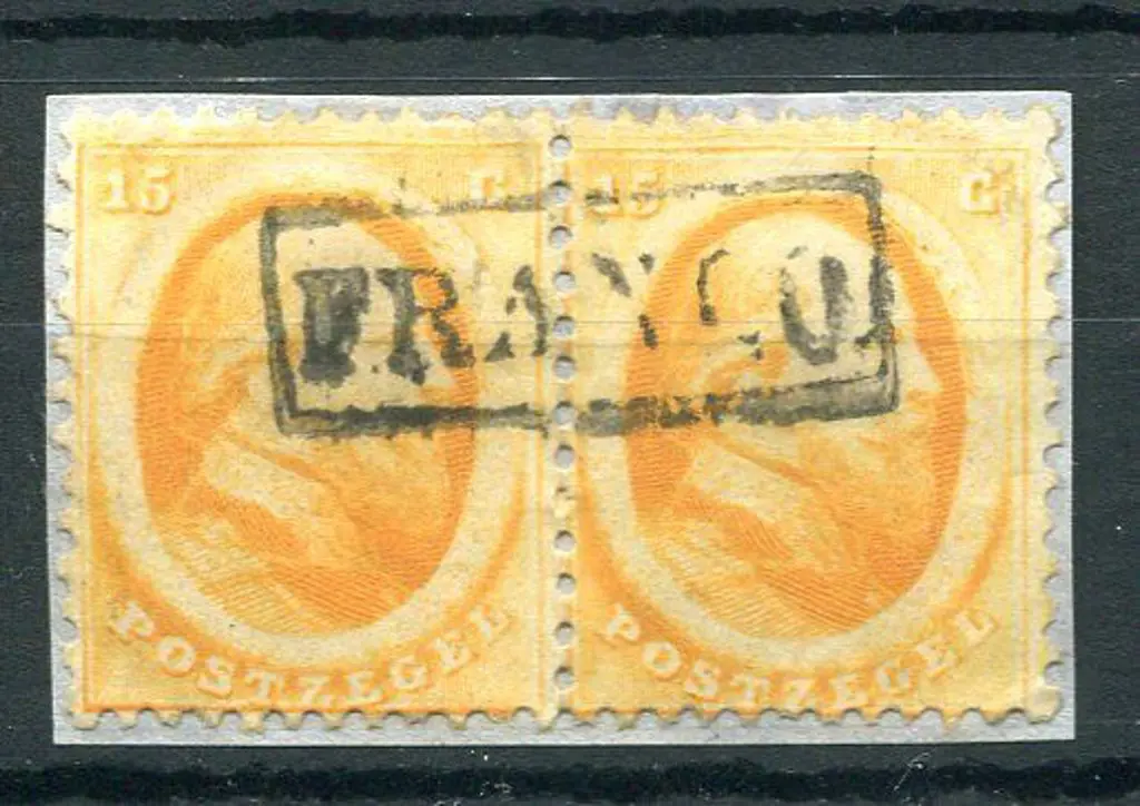 Netherlands 1864 15¢ orange pair on piece with ... Image 1++
