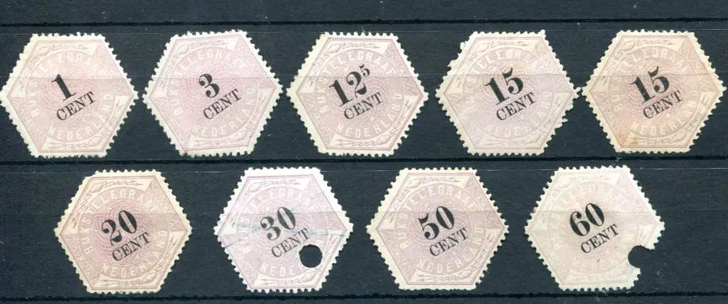 Netherlands 1877 Telegraph hexagonals 1¢, 3¢, ... Image 1++