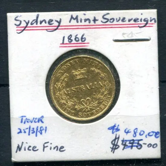 1866 QV sovereign from Sydney Mint. F