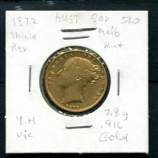 1872 QV sovereign from Melbourne mint. EF