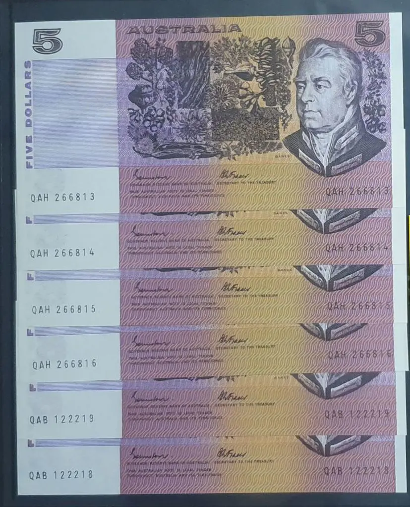 1985 $5 Johnston/Fraser Gothic Serial numbers x 6 ... Image 1++
