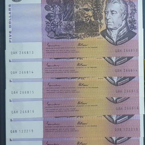 1985 $5 Johnston/Fraser Gothic Serial numbers x 6 ...