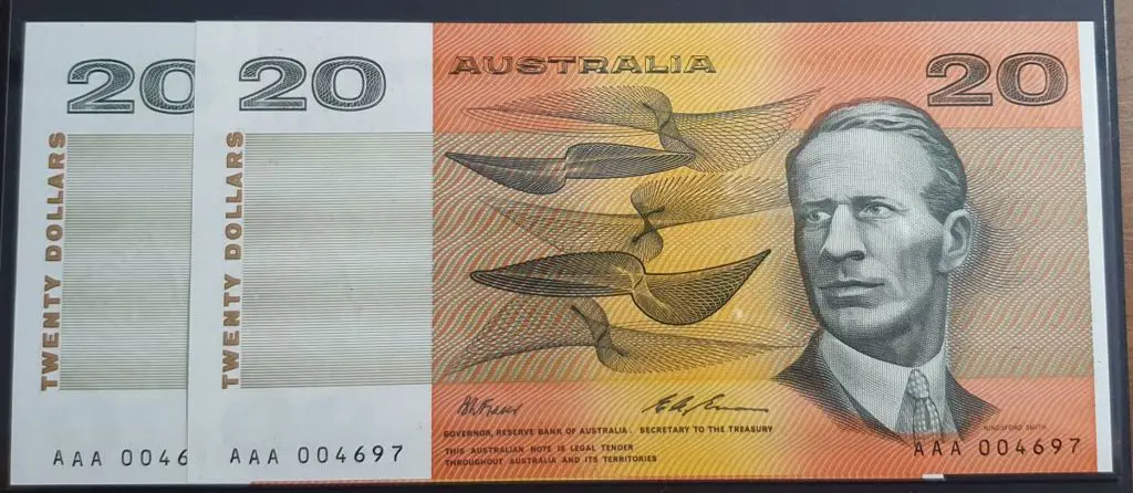 1993 $20 Fraser/Evans Prefix AAA004697/98 ... Image 1++