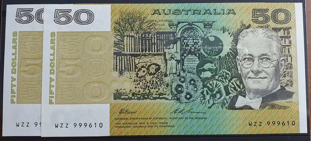 1993 $50 Fraser/Evans Prefix WZZ999609/10 ... Image 1++