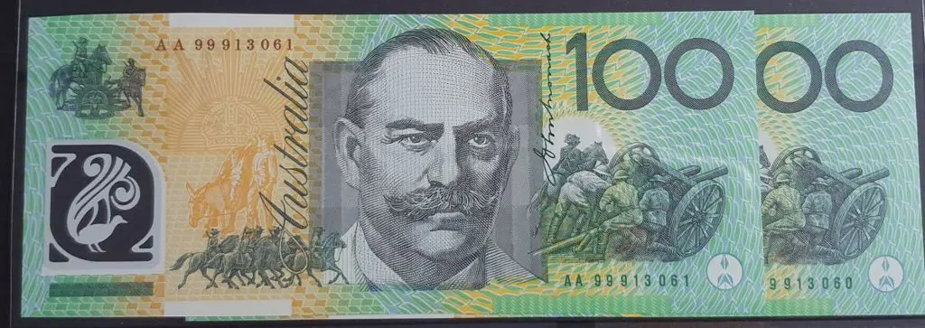 1999 $100 Evans/Macfarlane First Prefix ... Image 1++