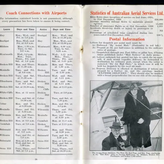 1929 "Australian Aerial Services Ltd Time Table & ...