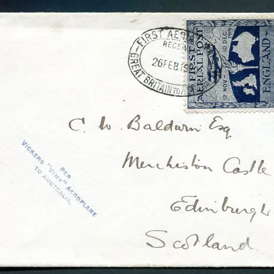 1919 (12th Nov) England to Australia flight cover ...