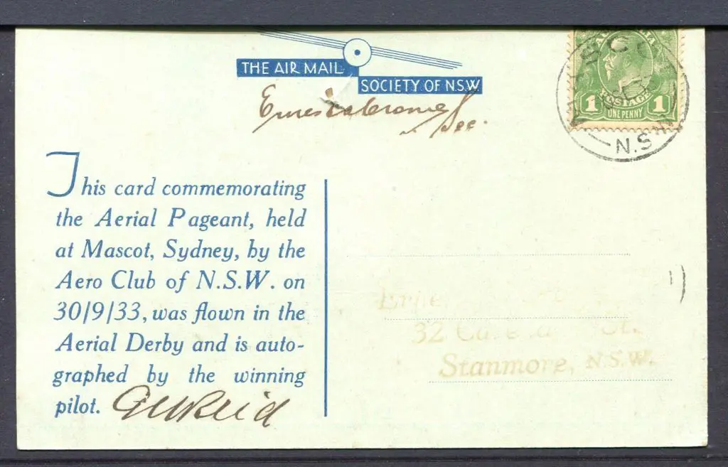 1933 (30th Sept) Air Mail Society of NSW blue card ... Image 1++