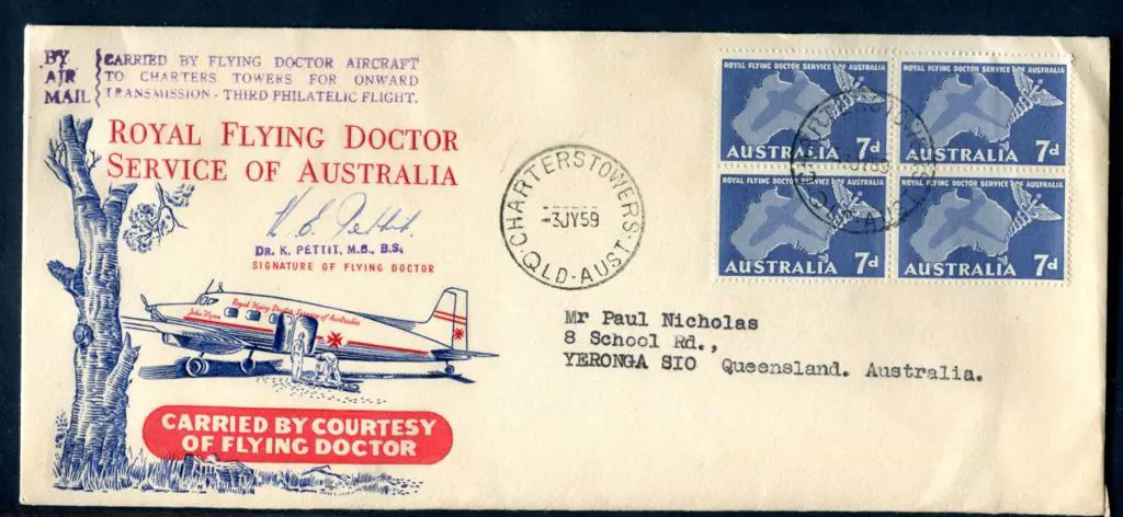 1959 (3rd July) 7d Flying Doctor block of 4 pmkd ... Image 1++