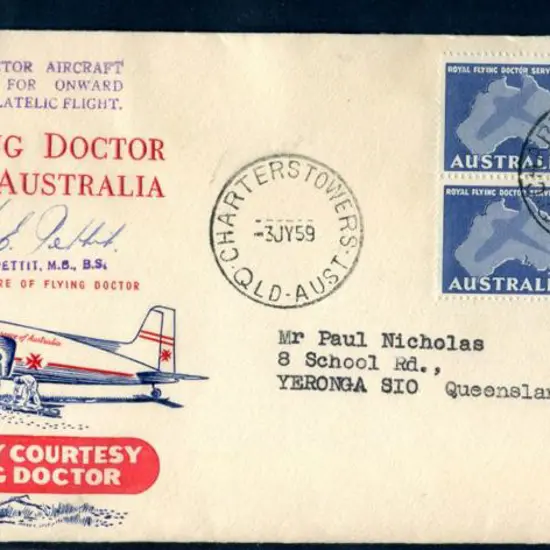 1959 (3rd July) 7d Flying Doctor block of 4 pmkd ...