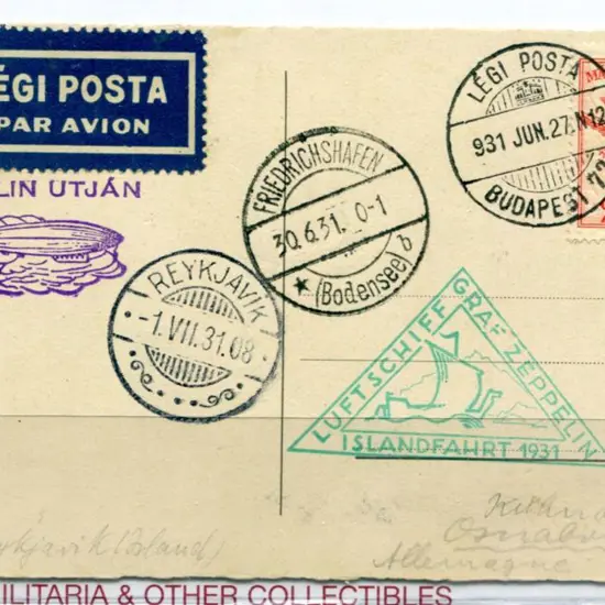1931 (27th June) Hungary to Iceland flight card ...