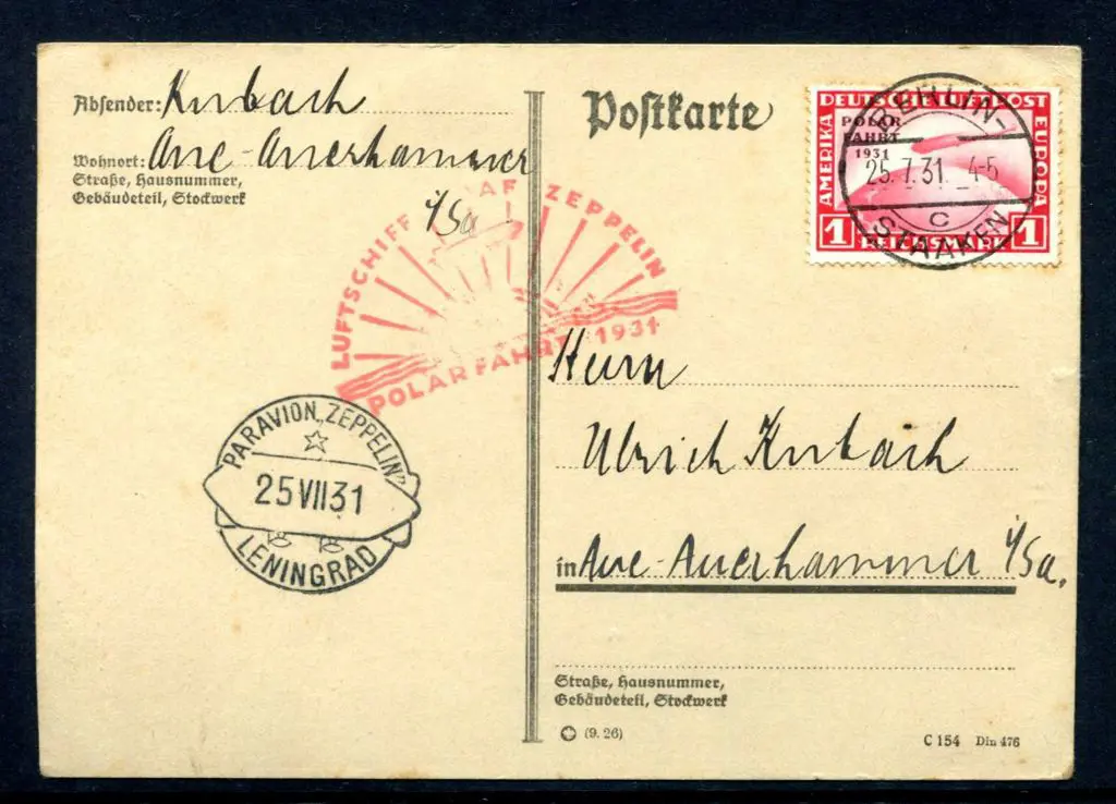 1931 (25th July) Berlin to Leningrad flight card ... Image 1++