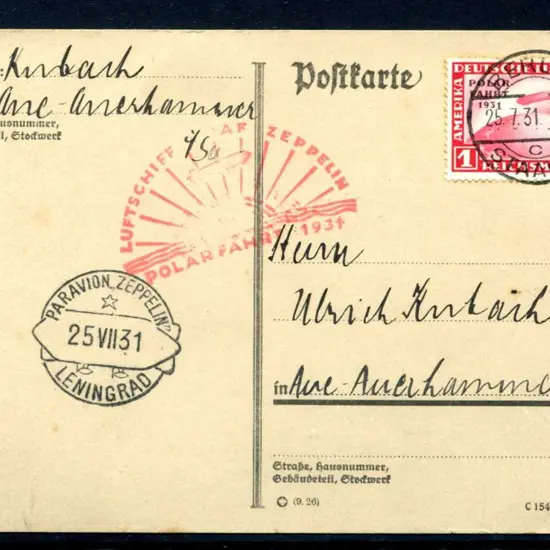 1931 (25th July) Berlin to Leningrad flight card ...