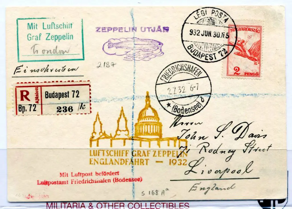 1932 (30th June) Hungary to England flight card ... Image 1++