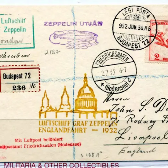 1932 (30th June) Hungary to England flight card ...