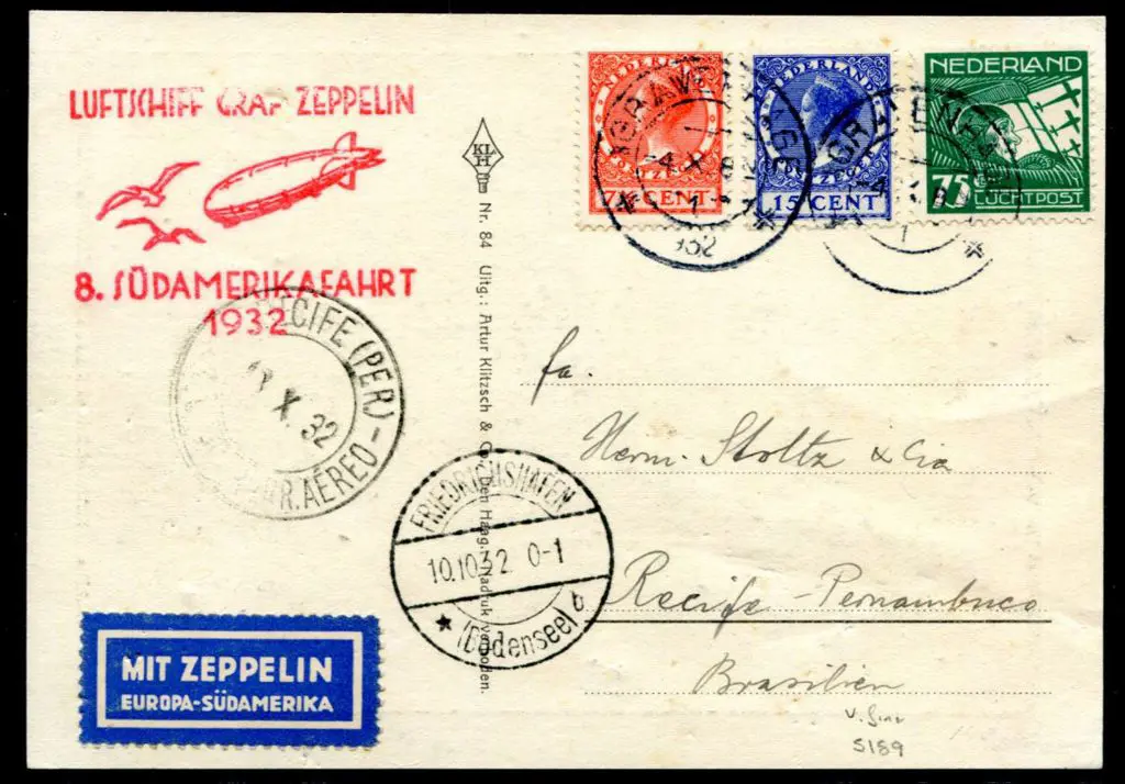 1932 (4th Oct) Netherlands to Brazil. Flight card ... Image 1++
