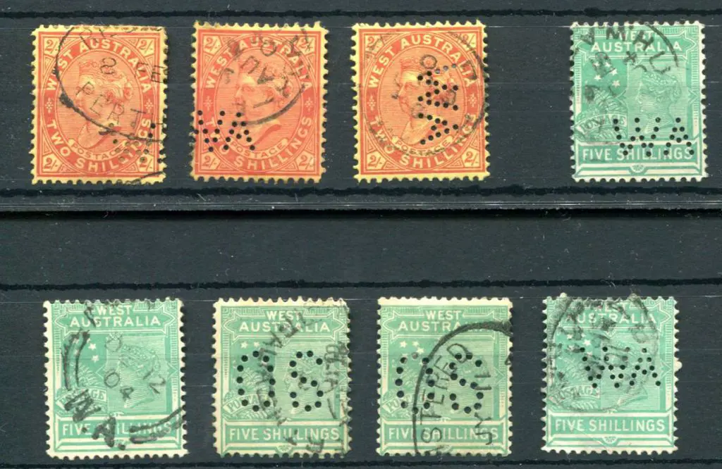 1902/11 2/- red-yellow x 3. One perfined "WA" ... Image 1++