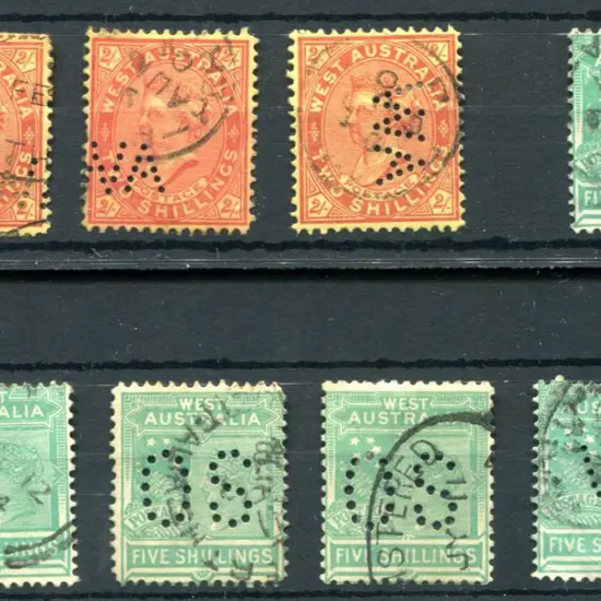 1902/11 2/- red-yellow x 3. One perfined "WA" ...