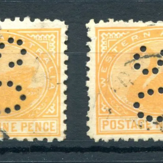1905 9d orange, perf. 11 perfined "OS" x 2. Both ...