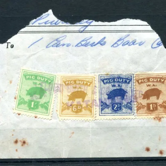 1943 1d, 2d, 6d & 1/- "PIG DUTY" tied by Elders ...