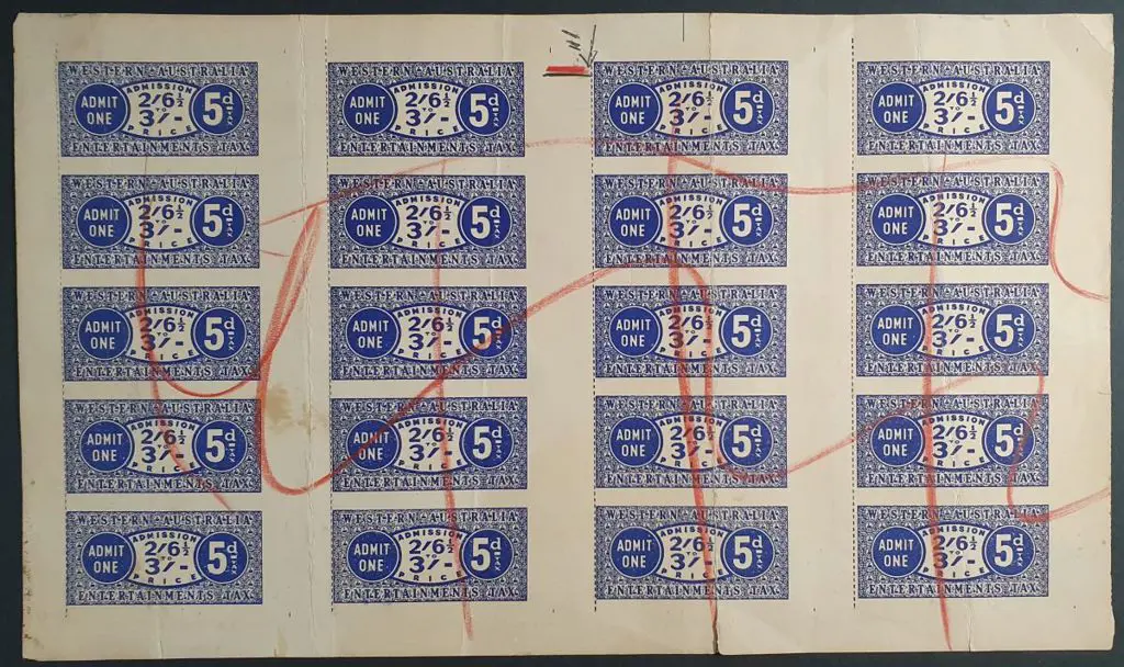 1953 5d blue "WESTERN AUSTRALIA ENTERTAINMENT TAX ... Image 1++