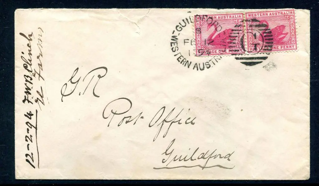 1894 (12th Feb) 1d swans horiz pair on Guildford ... Image 1++