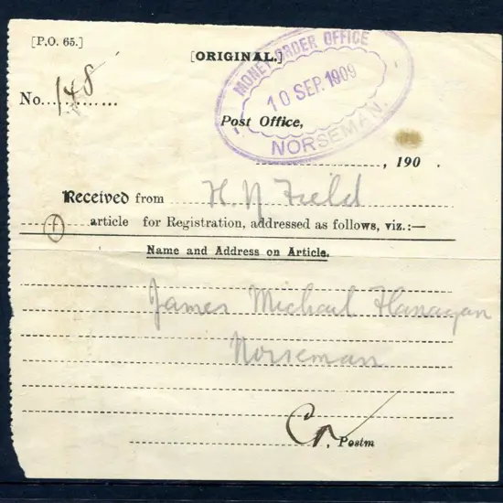 1909 (10th Sept) "P.O. 65." Post office "Received ...