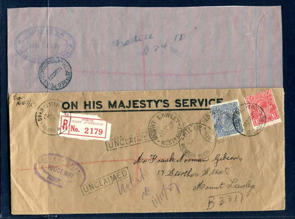 1927 (27th Oct) Perth Registered unclaimed & ... Image 1++