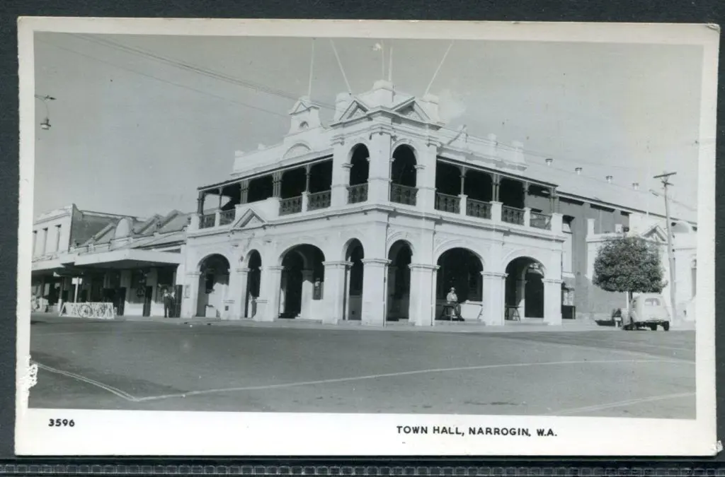 Town Hall, Narrogin, WA b&w card with "POST CARD A ... Image 1++