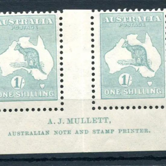 1/- blue-green Mullett imprint pair with stop ...
