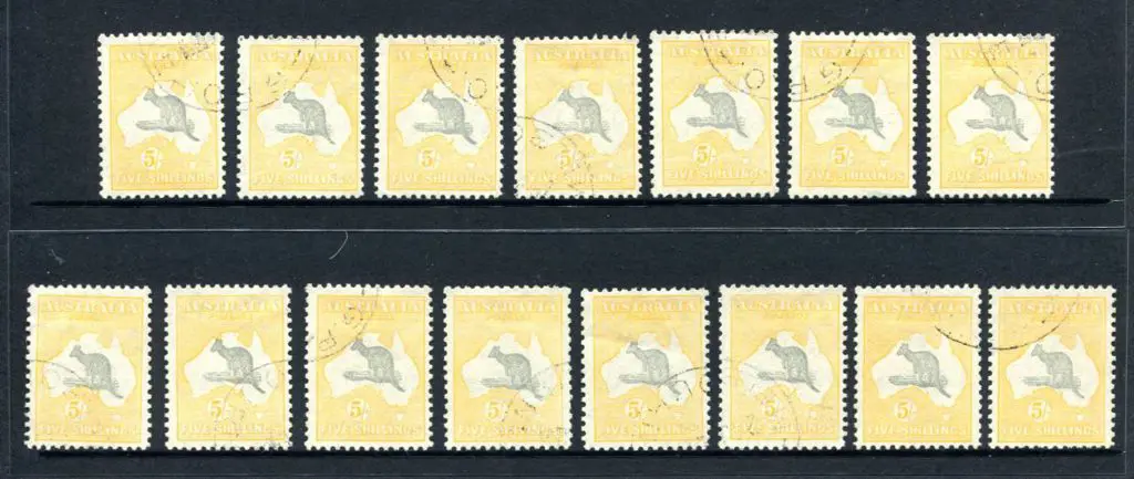 1931/47 CofA 5/- grey & yellow x15 V/F/used. ACSC ... Image 1++