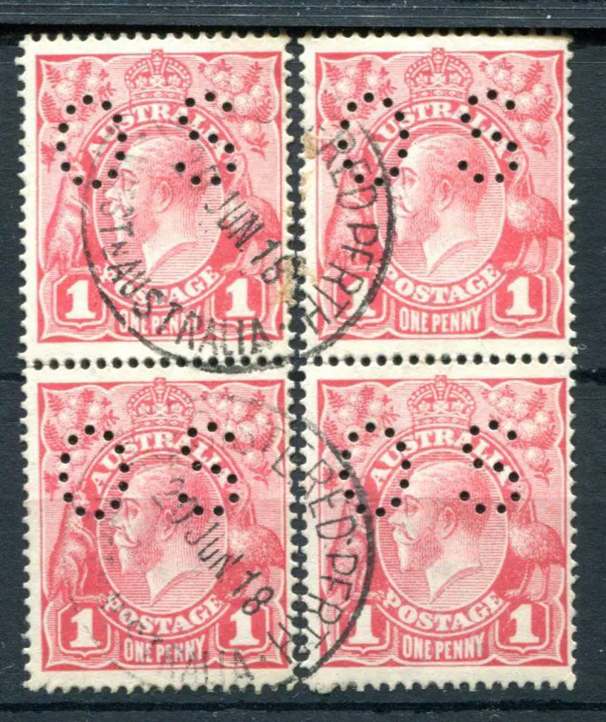 1914-20 Single Watermark 1d crimson perfined "OS" ... Image 1++