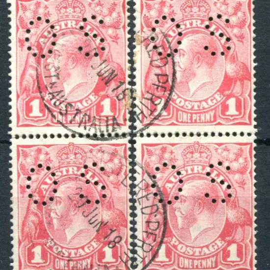 1914-20 Single Watermark 1d crimson perfined "OS" ...