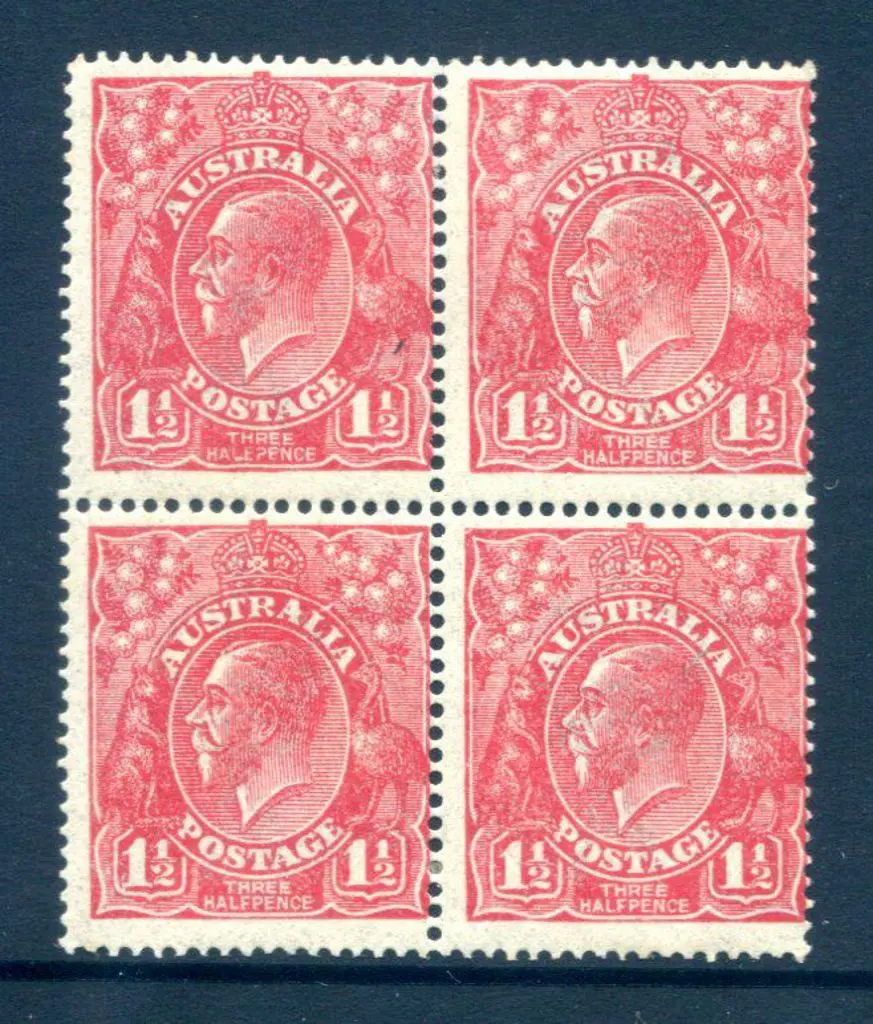1914-20 Single Watermark 1½d red block of 4 with ... Image 1++