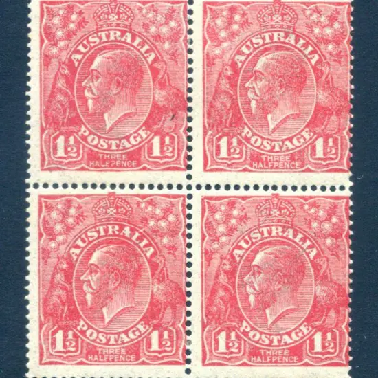 1914-20 Single Watermark 1½d red block of 4 with ...