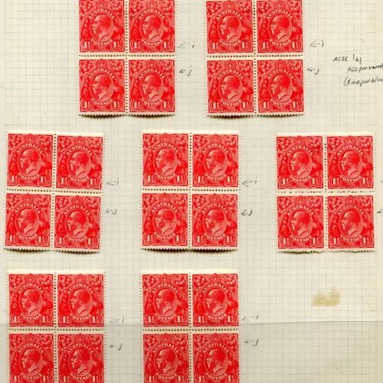 1914-20 Single Watermark 1½d red with 7 blocks of ...