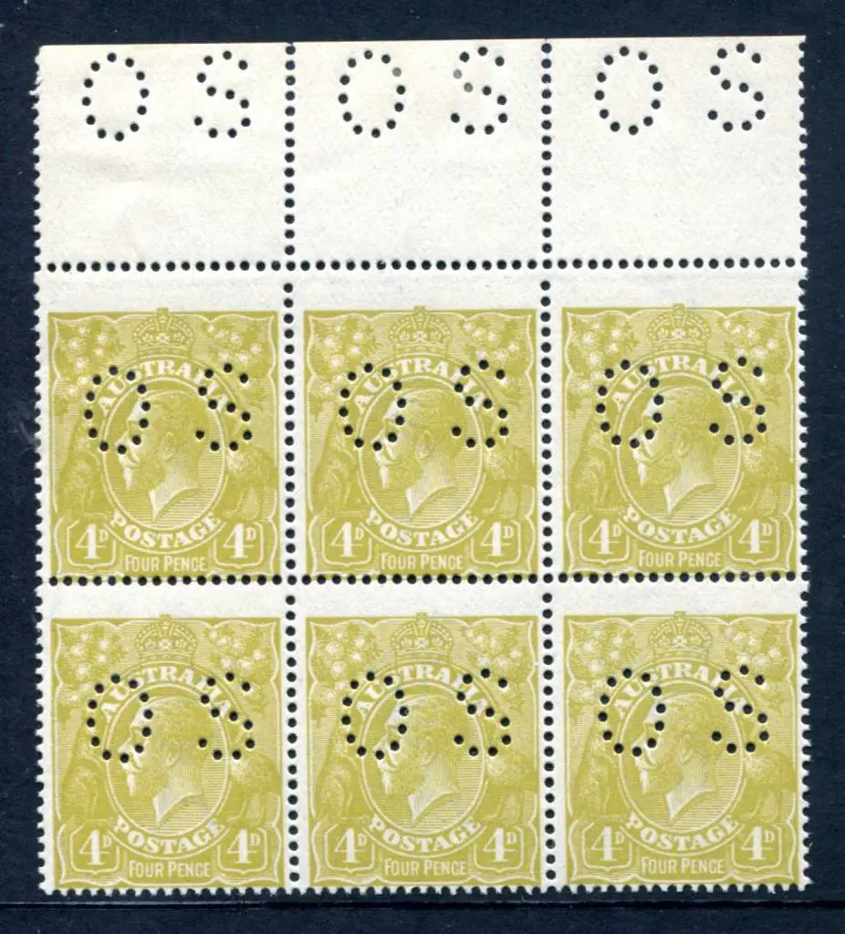 1914-20 Single Watermark 4d olive block of 6 with ... Image 1++