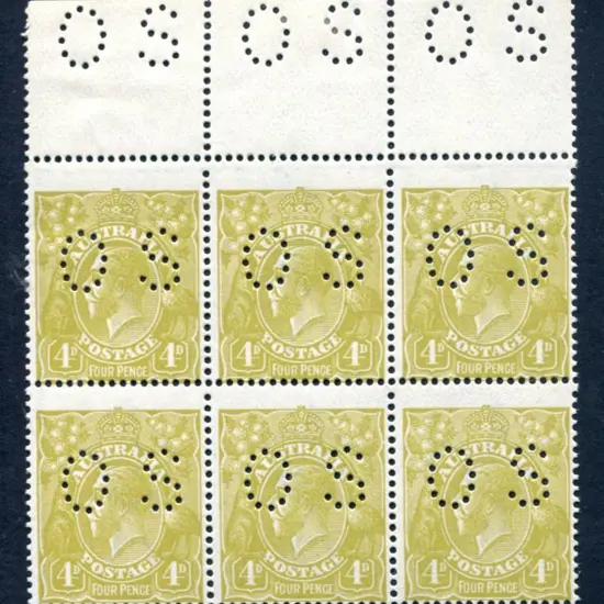 1914-20 Single Watermark 4d olive block of 6 with ...