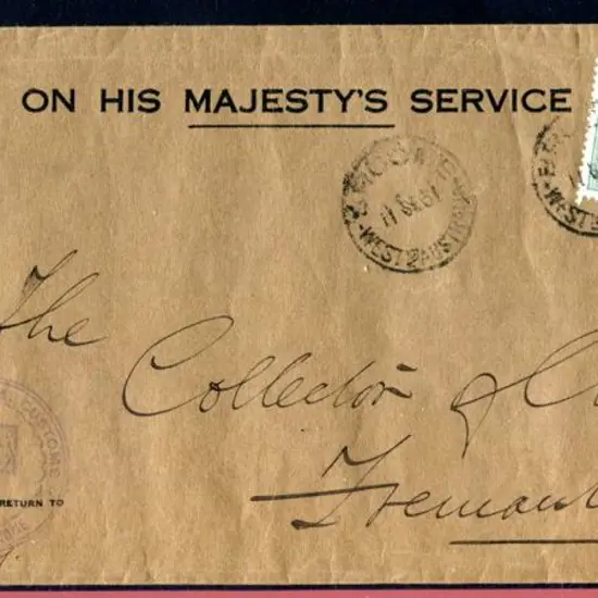 1931 (11th Sep) Broome to Fremantle OHMS cover ...