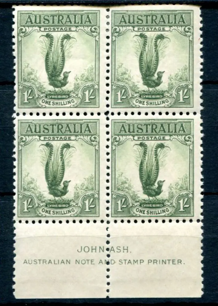 1932 1/- green Lyrebird in John Ash imprint block ... Image 1++